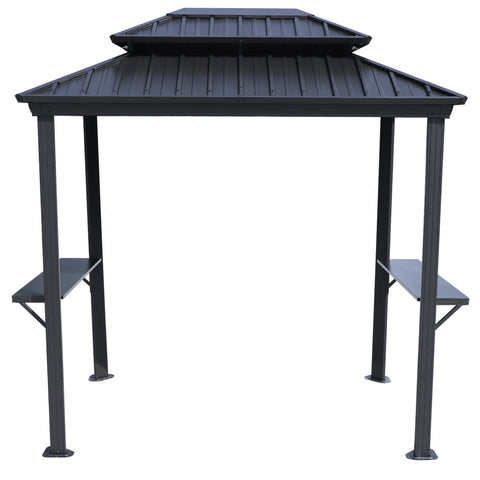 Kozyard hardtop grill gazebo with durable double metal roof and heavy-duty steel frame. This premium outdoor BBQ gazebo features built-in side shelves for handy grill storage and accessories. Ideal barbecue canopy for backyard, patio, or deck setups. Heavy-duty construction provides robust shelter for outdoor cooking, grilling stations, and barbecue events. Professional grade grill shelter canopy designed for long-lasting backyard family gatherings.