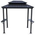 A dark - colored outdoor iron barbecue pavilion with a double - tiered roof. It features four sturdy iron legs and two side shelves, providing a practical and stylish outdoor cooking and gathering space. Stylish Outdoor Iron Barbecue Pavilion. outdoor iron barbecue pavilion, double - tiered roof, iron legs, side shelves, outdoor cooking