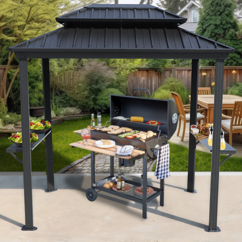 A dark - colored outdoor iron barbecue pavilion set in a backyard scene. It has a double - tiered roof and side shelves holding food items like salads and grilled dishes. Beneath the pavilion, there's a barbecue grill loaded with various foods being cooked. The background features greenery, a wooden fence, and outdoor furniture.Functional Outdoor Iron Barbecue Pavilion for Backyard Grilling. outdoor iron barbecue pavilion, backyard grill, double - tiered roof, side shelves, outdoor cooking.