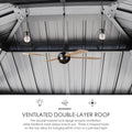 An interior view of the roof of an outdoor iron barbecue pavilion, showcasing a ventilated double - layer roof design. There are two pendant lights and a ceiling fan hanging from the roof. The text below explains that the double - layer roof ensures ventilation, Textilene mesh keeps insects out, and three U - shaped hooks on the top allow for hanging a fan or pendant lights.Ventilated Double - Layer Roof of Outdoor Iron Barbecue Pavilion. outdoor iron barbecue pavilion, double - layer roof, ventilation