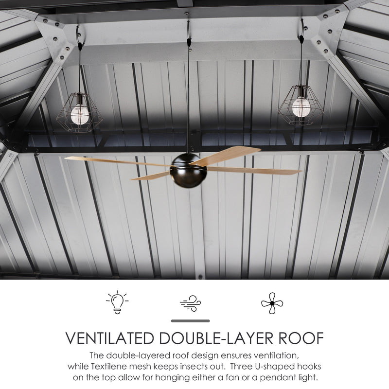An interior view of the roof of an outdoor iron barbecue pavilion, showcasing a ventilated double - layer roof design. There are two pendant lights and a ceiling fan hanging from the roof. The text below explains that the double - layer roof ensures ventilation, Textilene mesh keeps insects out, and three U - shaped hooks on the top allow for hanging a fan or pendant lights.Ventilated Double - Layer Roof of Outdoor Iron Barbecue Pavilion. outdoor iron barbecue pavilion, double - layer roof, ventilation