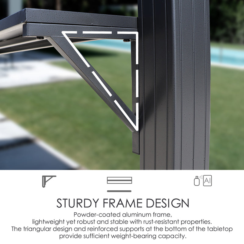 A close - up image highlighting the structural support of an outdoor iron barbecue pavilion. The focus is on a triangular - shaped support bracket beneath a shelf, with a dashed line emphasizing its design. The text below explains that the pavilion features a powder - coated aluminum frame, which is lightweight yet sturdy, rust - resistant, and has a triangular design and reinforced supports for better weight - bearing capacity.Sturdy Frame Design of Outdoor Iron Barbecue Pavilion. outdoor iron barbecue 