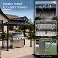 Kozyard double metal roof BBQ gazebo showcasing specialized design features. Detail view highlights the double roof ventilation system with textilene insect-proof netting, top 3 U-hooks for hanging patio fans or pendant lighting mounts, and a sturdy powder-coated frame design with reinforced corner brackets. Engineered for optimal smoke release, superior airflow, and structural wind resistance during outdoor cooking, backyard grilling, and dining.