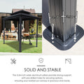 An image showing an outdoor iron barbecue pavilion in use with people dining nearby on the left side, and a close - up of the pavilion's aluminum pillar base on the right side. The text below reads "SOLID AND STABLE" and explains that the 3.54 - inch wide aluminum pillars offer strong support, with pre - drilled holes for securing, ensuring the canopy is spacious and sturdy.Sturdy Outdoor Iron Barbecue Pavilion: Solid Pillar Support. outdoor iron barbecue pavilion, solid and stable, 3.54 - inch alu pillars