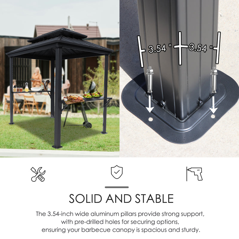 An image showing an outdoor iron barbecue pavilion in use with people dining nearby on the left side, and a close - up of the pavilion's aluminum pillar base on the right side. The text below reads "SOLID AND STABLE" and explains that the 3.54 - inch wide aluminum pillars offer strong support, with pre - drilled holes for securing, ensuring the canopy is spacious and sturdy.Sturdy Outdoor Iron Barbecue Pavilion: Solid Pillar Support. outdoor iron barbecue pavilion, solid and stable, 3.54 - inch alu pillars