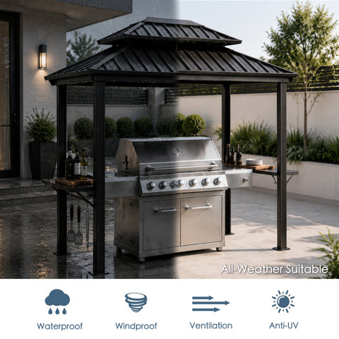 Kozyard all-weather suitable hardtop grill gazebo shown in a split rain and sun protective comparison. Highlights premium waterproof, windproof, ventilated, and anti-UV sunshade capabilities. This heavy-duty metal roof barbecue canopy shields your expensive stainless steel gas grill and cooking station from heavy downpours and harsh summer sunlight. Reliable outdoor shelter ensuring year-round backyard cooking and grilling performance.