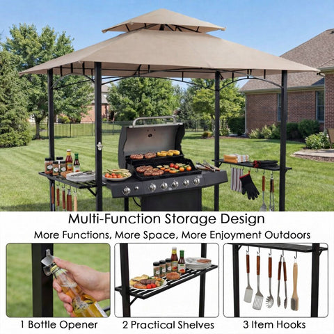 Kozyard BBQ Canopy with Storage – Multi-functional design with bottle opener, shelves & hooks, durable steel frame & weather-resistant fabric, practical outdoor grilling solution
