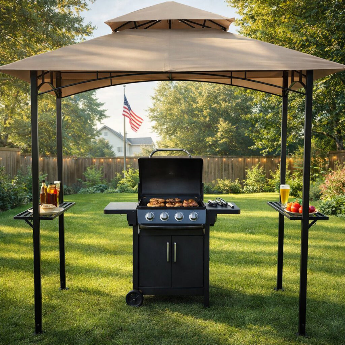 barbecue tent KOZYARD Andra 8' x 5' BBQ Grill Gazebo Canopy Tent, Soft Top Vented Roof, Steel Frame with Side Shelves & Utensil Hooks, 4 Magnetic Detachable LED Farbe:Daisies 5 hanging hooks and Is Metal Gear Solid Category_BMX