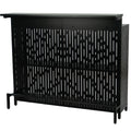 A sleek black bar table with a perforated metal design, featuring an extended countertop and a lower shelf. Ideal for indoor or outdoor entertaining, it combines modern aesthetics with functionality. Sleek Black Perforated Metal Bar Table. Bar table, black, perforated metal, modern design.