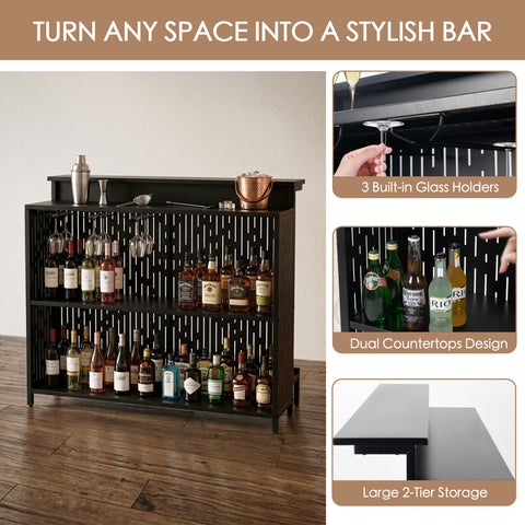 Kozyard Home Bar Unit – Built-in glass holders, dual countertops, 2-tier open storage, sturdy wood & metal, transforms space into a stylish bar
