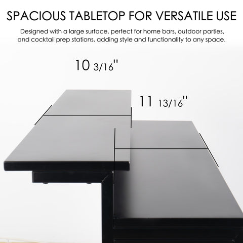 A close - up of a black bar table's spacious tabletop, showing its width dimensions of 10 3/16" and 11 13/16". Ideal for home bars, outdoor parties, and cocktail preparation, it offers a large surface for versatile use. Black Bar Table with Spacious Tabletop Dimensions. Bar table, tabletop dimensions, spacious tabletop, versatile use.