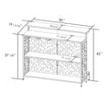 A detailed line drawing of a black bar table, showing its dimensions such as 50" in length, 19 11/16" in depth, and 42" in height. The drawing also includes measurements of the shelves and tabletop, useful for space planning and installation. Black Bar Table Dimensions for Space Planning. Bar table, dimensions, space planning