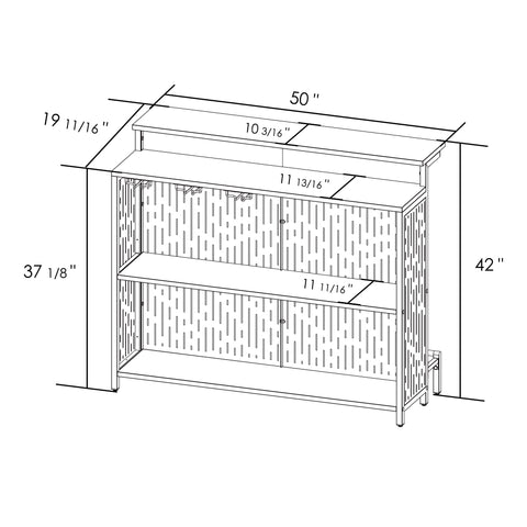 A detailed line drawing of a black bar table, showing its dimensions such as 50" in length, 19 11/16" in depth, and 42" in height. The drawing also includes measurements of the shelves and tabletop, useful for space planning and installation. Black Bar Table Dimensions for Space Planning. Bar table, dimensions, space planning