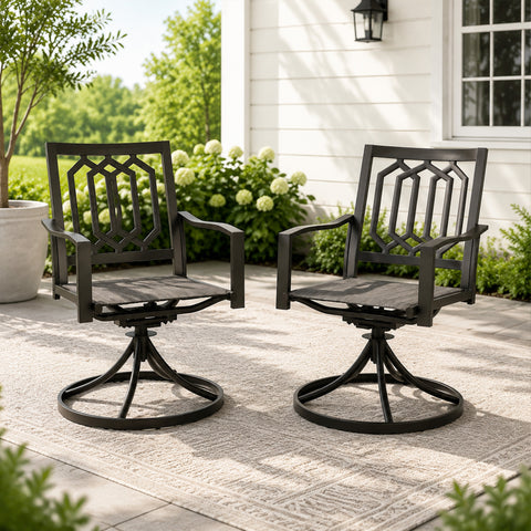Kozyard luxury outdoor swivel patio dining chairs set of 2 placed on an elegant outdoor rug. These heavy-duty metal garden chairs feature a modern geometric back design, premium Textilene fabric seat, and a sleek oil-rubbed bronze weather-resistant finish. Perfect backyard conversation set and contemporary porch furniture for stylish all-weather relaxation and outdoor entertaining.