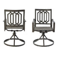 A set of two elegant patio chairs with 360 - degree swivel function, featuring decorative backrests and comfortable cushions. Ideal for outdoor lounging. Keywords: swivel patio chairs, outdoor furniture, decorative design
