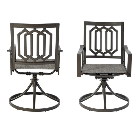 A set of two elegant patio chairs with 360 - degree swivel function, featuring decorative backrests and comfortable cushions. Ideal for outdoor lounging. Keywords: swivel patio chairs, outdoor furniture, decorative design
