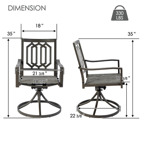 Detailed dimensions blueprint of Kozyard outdoor swivel chair showing precise measurements for patio seating layout planning. Image specifies a total height of 35 inches, seat width of 18 and 1/8 inches, overall armrest width of 21 and 3/8 inches, base diameter of 22 and 3/8 inches, and a heavy-duty strong weight capacity of up to 330 lbs for reliable backyard seating.