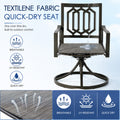Kozyard outdoor dining chair showcasing premium breathable Textilene fabric quick-dry seat technology with water pouring through to demonstrate quick-drying capabilities. Highlighted features include long-lasting UV resistant protection, weather-resistant mesh material for hot summer days, and cool airflow ventilation design ideal for poolside patios, decks, and open yards.