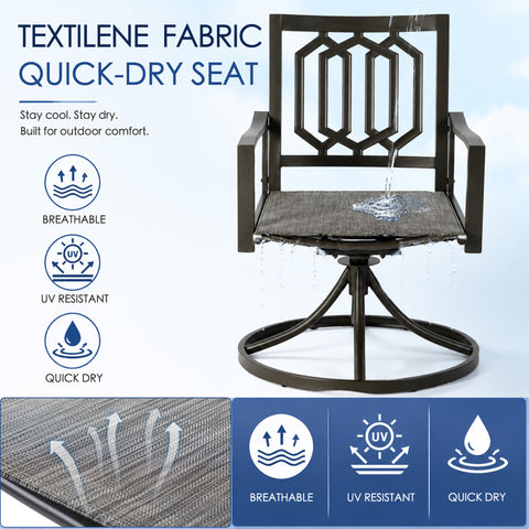 Kozyard outdoor dining chair showcasing premium breathable Textilene fabric quick-dry seat technology with water pouring through to demonstrate quick-drying capabilities. Highlighted features include long-lasting UV resistant protection, weather-resistant mesh material for hot summer days, and cool airflow ventilation design ideal for poolside patios, decks, and open yards.