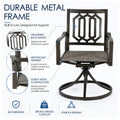 Structural breakdown of Kozyard durable metal frame patio chair highlighting strong rust-resistant engineering. Features detailed callouts of the artistic geometric back design, smooth curved ergonomic armrests, and sturdy steel base construction. Built to last outdoor furniture certified for stable, reliable performance and an exceptional 330 lbs high weight capacity.