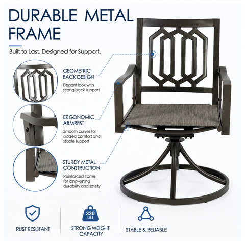 Structural breakdown of Kozyard durable metal frame patio chair highlighting strong rust-resistant engineering. Features detailed callouts of the artistic geometric back design, smooth curved ergonomic armrests, and sturdy steel base construction. Built to last outdoor furniture certified for stable, reliable performance and an exceptional 330 lbs high weight capacity.