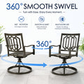 Demonstration of Kozyard patio dining chairs featuring 360-degree smooth swivel rotation with arrows showing full range of motion. This premium bistro chair offers a smooth and quiet glide effortlessly without noise, delivering multi-scene versatility for outdoor dining, backyard relaxing, balcony entertaining, and flexible porch seating arrangements.