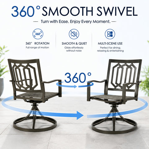 Demonstration of Kozyard patio dining chairs featuring 360-degree smooth swivel rotation with arrows showing full range of motion. This premium bistro chair offers a smooth and quiet glide effortlessly without noise, delivering multi-scene versatility for outdoor dining, backyard relaxing, balcony entertaining, and flexible porch seating arrangements.