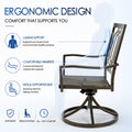 Ergonomic design graphic of Kozyard swivel garden chair showing orthopedic lumbar support for healthy sitting posture. X-ray style silhouette demonstrates how the contoured backrest reduces fatigue, while the comfortable curved armrests and wide supportive sling seat provide luxury all-day comfort for your family and guests during extended patio dinner parties.