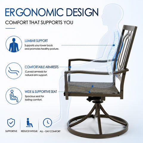 Ergonomic design graphic of Kozyard swivel garden chair showing orthopedic lumbar support for healthy sitting posture. X-ray style silhouette demonstrates how the contoured backrest reduces fatigue, while the comfortable curved armrests and wide supportive sling seat provide luxury all-day comfort for your family and guests during extended patio dinner parties.