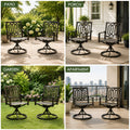 Four-quadrant multi-scene application photo of Kozyard outdoor swivel chairs set showcasing versatile home integration. Displays pairs of chairs perfectly arranged in a lush suburban Patio, a cozy farmhouse Porch with rug, a green backyard Garden surrounded by flowers, and a modern high-rise Apartment balcony overlooking a beautiful city skyline views.