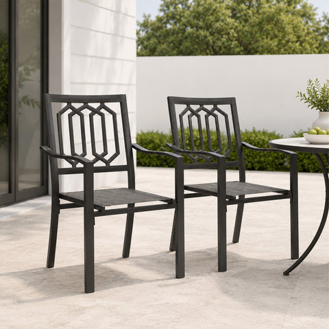 Kozyard outdoor dining chairs set of 2 featuring a durable powder-coated metal frame, breathable Textilene sling seats, and comfortable armrests. These patio dining chairs provide stylish outdoor seating for backyard gatherings, patio dining areas, balconies, porches, gardens, decks, and poolside spaces. Weather-resistant construction and modern design make these outdoor armchairs a practical addition to any outdoor furniture collection.