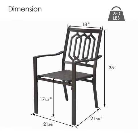 Kozyard outdoor dining chair dimensions showing overall size, seat height, and 250 lb weight capacity. These patio dining chairs feature a powder-coated metal frame, breathable Textilene seat, ergonomic armrests, and supportive backrest. Ideal outdoor chairs for patio dining, backyard seating, porch furniture, balcony furniture, garden spaces, and outdoor entertainment areas.