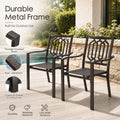 Kozyard patio dining chairs with durable powder-coated metal frame designed for outdoor use. Rust-resistant construction helps withstand weather exposure while providing long-lasting strength and stability. These outdoor armchairs are ideal for backyard patios, garden seating, deck furniture, balcony dining areas, poolside relaxation spaces, and outdoor entertaining environments.