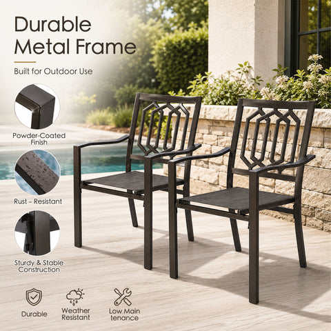 Kozyard patio dining chairs with durable powder-coated metal frame designed for outdoor use. Rust-resistant construction helps withstand weather exposure while providing long-lasting strength and stability. These outdoor armchairs are ideal for backyard patios, garden seating, deck furniture, balcony dining areas, poolside relaxation spaces, and outdoor entertaining environments.