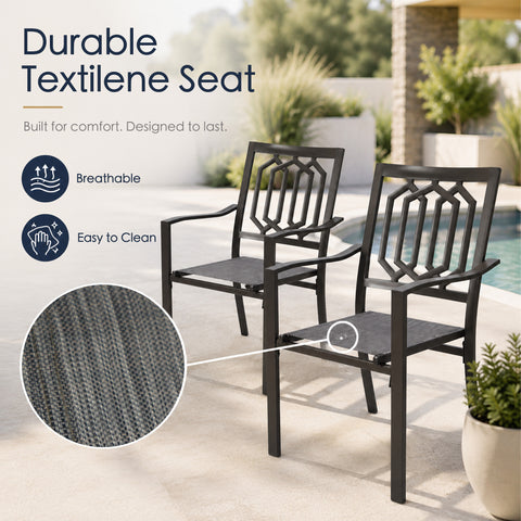Kozyard outdoor dining chairs featuring breathable Textilene sling seats designed for comfort and durability. The quick-drying fabric promotes airflow and easy maintenance while providing supportive seating. These patio chairs are perfect for outdoor dining, backyard gatherings, garden furniture setups, poolside seating, balcony spaces, porch décor, and everyday outdoor living.
