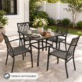 Kozyard patio dining chairs complement outdoor dining tables and create comfortable seating for family meals and gatherings. Featuring powder-coated metal frames and breathable Textilene seats, these outdoor dining chairs are suitable for patios, decks, porches, backyards, gardens, balconies, and outdoor entertaining areas. Table shown is not included.