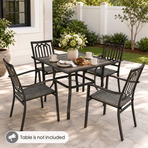 Kozyard patio dining chairs complement outdoor dining tables and create comfortable seating for family meals and gatherings. Featuring powder-coated metal frames and breathable Textilene seats, these outdoor dining chairs are suitable for patios, decks, porches, backyards, gardens, balconies, and outdoor entertaining areas. Table shown is not included.