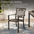 Kozyard outdoor armchairs designed with curved armrests, ergonomic backrests, and spacious Textilene seats for enhanced comfort. These patio dining chairs support relaxed outdoor conversations, dining experiences, and leisure time. Perfect seating solution for backyard patios, garden retreats, decks, balconies, poolside settings, and outdoor furniture arrangements.