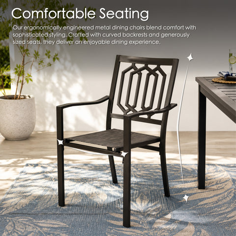 Kozyard outdoor armchairs designed with curved armrests, ergonomic backrests, and spacious Textilene seats for enhanced comfort. These patio dining chairs support relaxed outdoor conversations, dining experiences, and leisure time. Perfect seating solution for backyard patios, garden retreats, decks, balconies, poolside settings, and outdoor furniture arrangements.