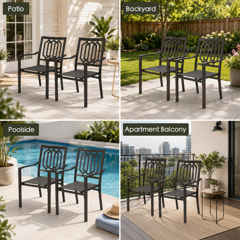 Kozyard patio dining chairs suitable for a variety of outdoor spaces including patios, backyards, poolside areas, apartment balconies, gardens, porches, and decks. Featuring weather-resistant powder-coated metal frames and breathable Textilene seating, these outdoor chairs provide durable and stylish seating for outdoor dining and relaxation.