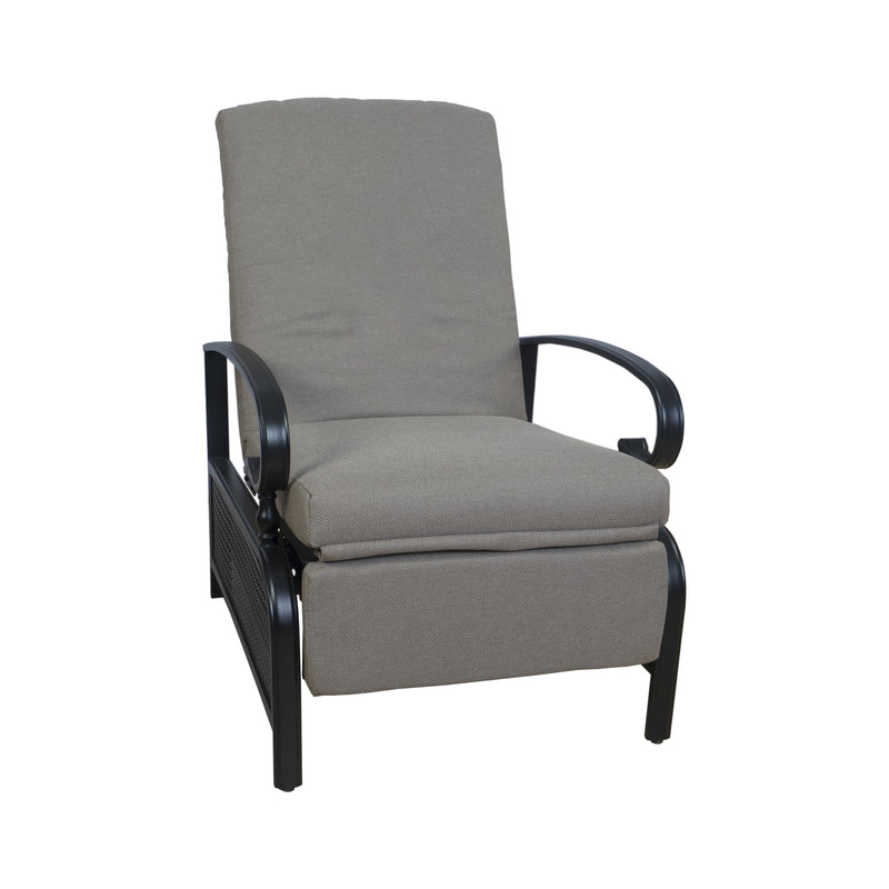 A beige - colored outdoor reclining chair with cushioned seating and backrest. The chair features dark - colored armrests and legs, providing a comfortable and stylish seating option for outdoor spaces. Beige Outdoor Reclining Chair for Comfortable Relaxation. Beige Outdoor Reclining Chair for Comfortable Relaxation