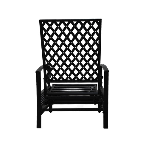 A black outdoor reclining chair with a lattice - patterned backrest and a slatted seat. The chair is designed for outdoor use, featuring a sturdy frame and a classic, airy design. Black Outdoor Lattice - Back Reclining Chair. outdoor reclining chair, black patio chair, lattice - patterned backrest, slatted seat