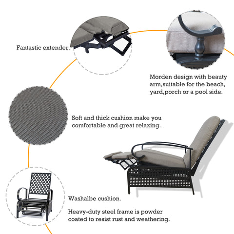 An infographic showcasing a beige - colored outdoor reclining chair. It highlights features such as a fantastic extender, modern design with stylish armrests, soft and thick washable cushions for comfort, and a heavy - duty powder - coated steel frame for rust and weather resistance. Ideal for beach, yard, porch, or poolside use. Beige Outdoor Reclining Chair: Comfort and Durability Features. beige outdoor reclining chair, washable cushions, heavy - duty steel frame, outdoor relaxation, rust - resistant