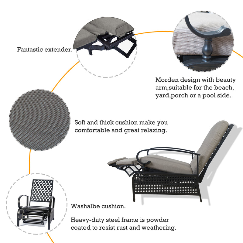 An infographic showcasing a beige - colored outdoor reclining chair. It highlights features such as a fantastic extender, modern design with stylish armrests, soft and thick washable cushions for comfort, and a heavy - duty powder - coated steel frame for rust and weather resistance. Ideal for beach, yard, porch, or poolside use. Beige Outdoor Reclining Chair: Comfort and Durability Features. beige outdoor reclining chair, washable cushions, heavy - duty steel frame, outdoor relaxation, rust - resistant