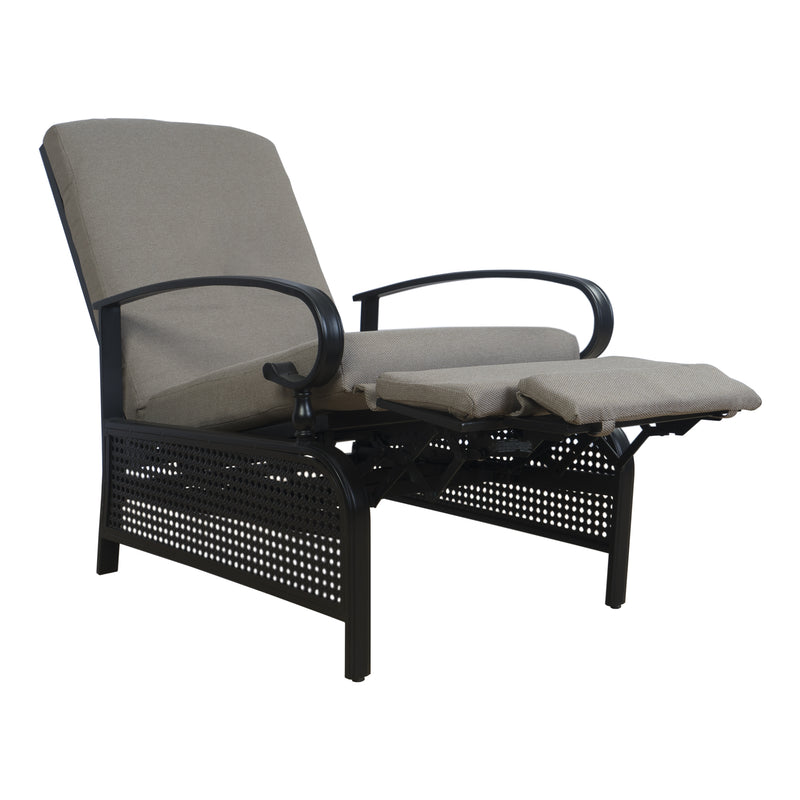 A beige - colored outdoor reclining chair with cushioned seating and armrests. The chair features a black metal frame with perforated details, and it has an extendable footrest for enhanced comfort. Beige Outdoor Reclining Chair with Extendable Footrest. beige outdoor reclining chair, extendable footrest, cushioned seating, black metal frame. 