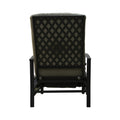 A beige - cushioned outdoor reclining chair viewed from the back. The chair features a black lattice - patterned metal frame, providing both style and support. The cushioning appears plush, ensuring comfort for outdoor relaxation. Beige - Cushioned Outdoor Reclining Chair with Lattice Back. beige - cushioned outdoor chair, lattice - patterned frame, outdoor reclining chair, outdoor relaxation.