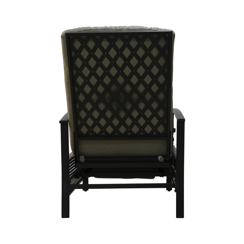 A beige - cushioned outdoor reclining chair viewed from the back. The chair features a black lattice - patterned metal frame, providing both style and support. The cushioning appears plush, ensuring comfort for outdoor relaxation. Beige - Cushioned Outdoor Reclining Chair with Lattice Back. beige - cushioned outdoor chair, lattice - patterned frame, outdoor reclining chair, outdoor relaxation.