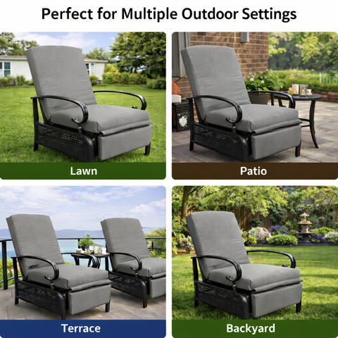 Kozyard versatile outdoor recliner chair, suitable for lawn, patio, terrace and backyard settings, adjustable design with thick cushions, durable metal frame with lattice detail
