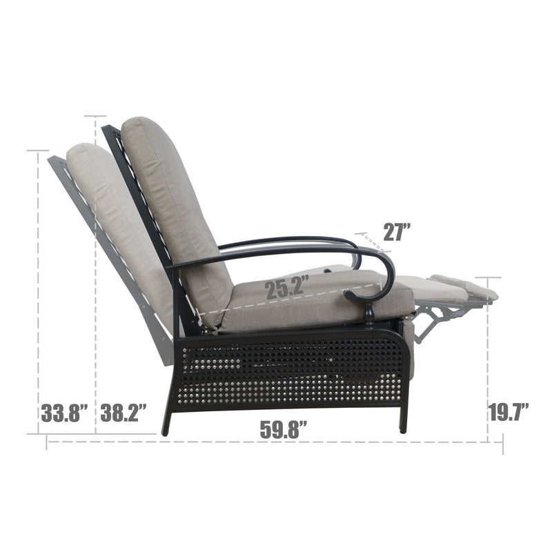 A technical diagram of a beige - colored outdoor reclining chair with key dimensions labeled. The chair features cushioned seating and armrests, a black metal frame with perforated details, and an extendable footrest. Dimensions such as 33.8", 38.2", 59.8", 25.2", 27", and 19.7" are marked, indicating various parts of the chair's structure. Beige Outdoor Reclining Chair: Dimension Diagram. beige outdoor reclining chair, chair dimensions, cushioned seating, black metal frame, extendable footrest.