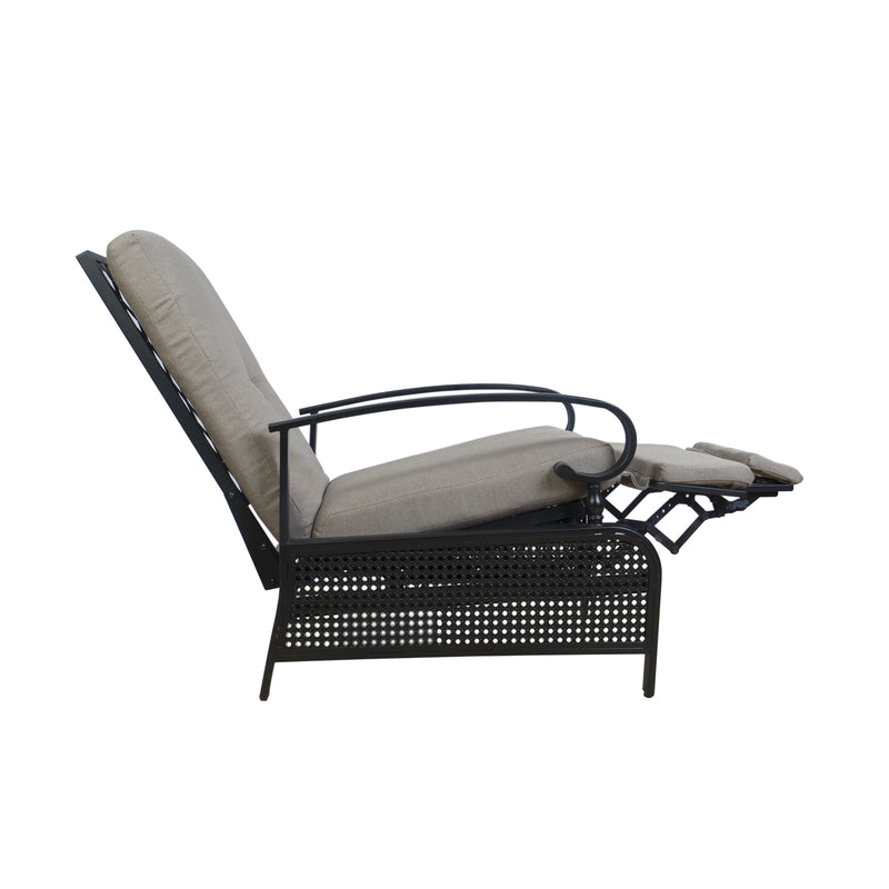 A beige - cushioned outdoor reclining chair with a black metal frame. The chair features curved armrests and an extendable footrest, designed for comfort and relaxation in outdoor settings.Beige - Cushioned Outdoor Reclining Chair for Relaxation. beige outdoor reclining chair, black metal frame, extendable footrest, outdoor relaxation. 